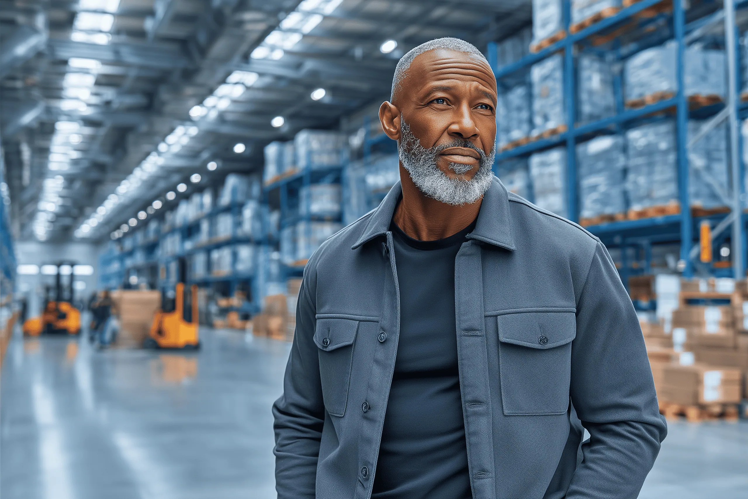 Warehouse business owner among inventory